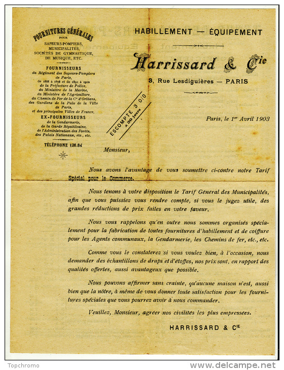 Publicité Harrissard Rue Lesdiguières Paris Fournitures Générales Sapeurs-Pompiers Tarif Tenues Officiers Sapeurs 1903 - Werbung