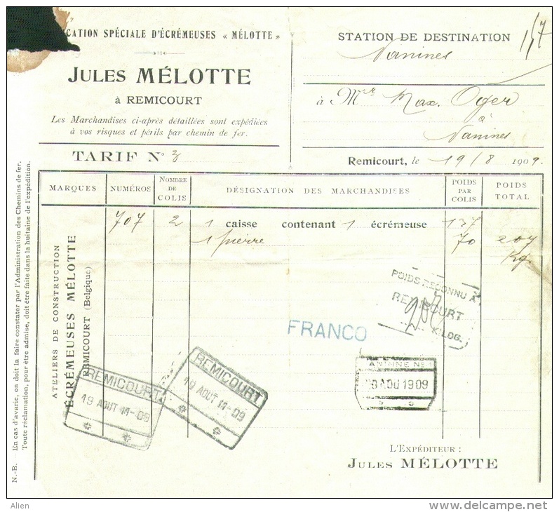 Document Van Remicourt Naar Naninne  1909 - "Poids Reconnu Remicourt" Etc... - Andere & Zonder Classificatie