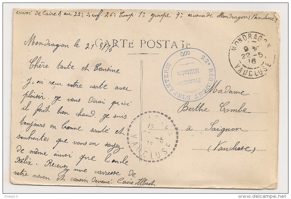 CARTE DE MONDRAGON A SAIGNON / CACHET DU 22EME REGIMENT D'INFANTERIE FRANCHISE POSTALE / AU DOS MAIRIE MONDRAGON CP8631 - Guerre De 1914-18