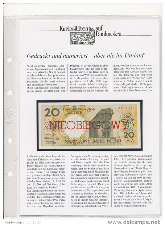 POLAND - 20 Zlotych  1990 , NIEOBIEGOWY - Nicht Ausgegeben - Uncirculated , Big Letter, Dispatch = 7,70 EURO (registered - Polen