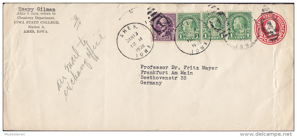 United States Uprated Postal Stationery Ganzsache Entier AMES 1938 Perfin Perforé Lochung  "I.S.C." Iowa State College - 1921-40