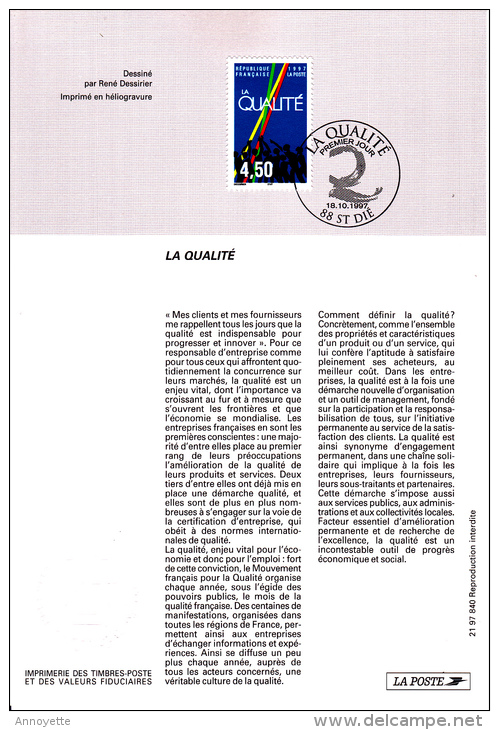 Notice Philatélique 1er Jour - Série La Qualité - Motif Symbolique - YT 3113  - 1997 - Documentos Del Correo