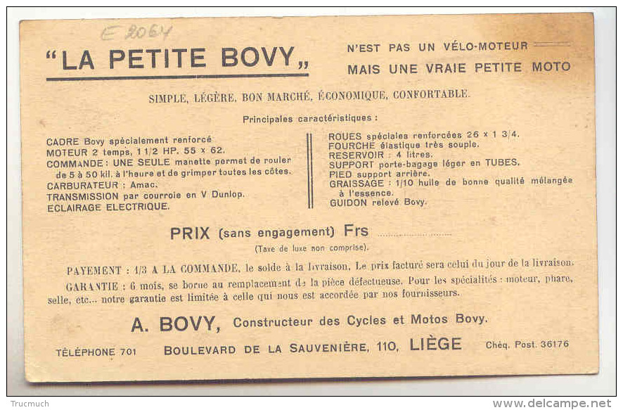 E2064 - La Petite Bovy, Constructeur Des Cycles Et Motos Bovy Bd Sauvenière Liège - Moto
