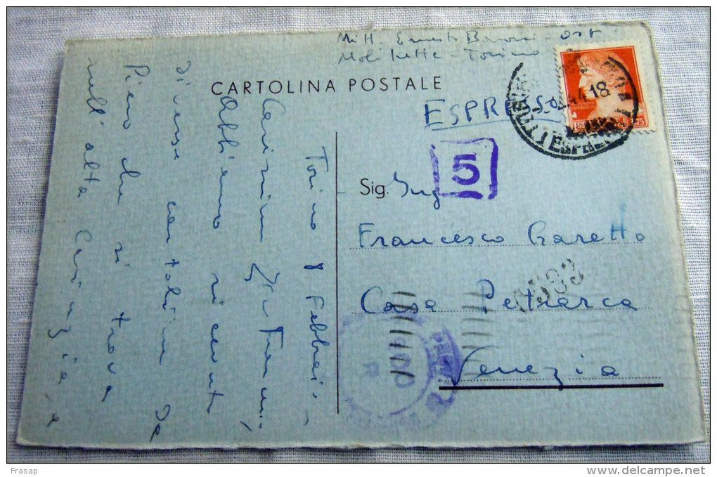 R.S.I ESPRESSO TORINO VENEZIA SU CARTOLINA POSTALE 1944 LIRE 1,25 - Express Mail