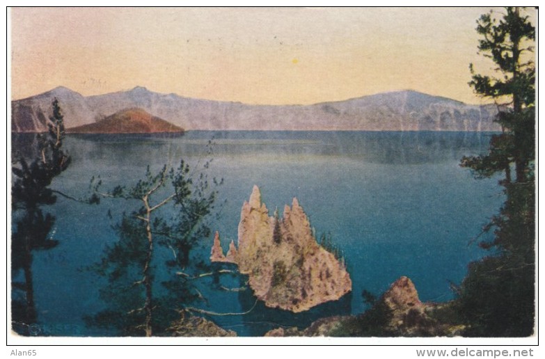 Crater Lake OR Oregon, Volcanic Lake, DPO-1 Closed Post Office Postmark Cancel, C1920s Vintage Postcard - USA National Parks