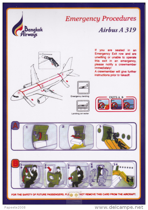 Thailande / Bangkok Airways / Airbus A 319 / Consignes De Sécurité / Safety Card - Fichas De Seguridad