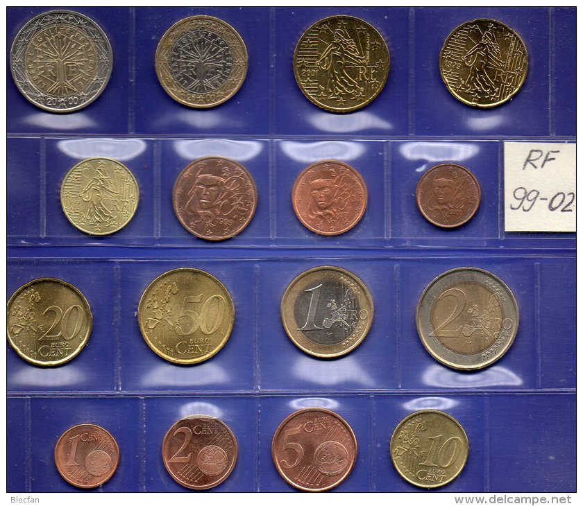 Mix-set EURO-Einführung Frankreich 1999-2002 Prägeanstalt Paris Stg. 19€ Staatlichen Münze 1C.-2€ With 8 Coins Of FRANCE - France