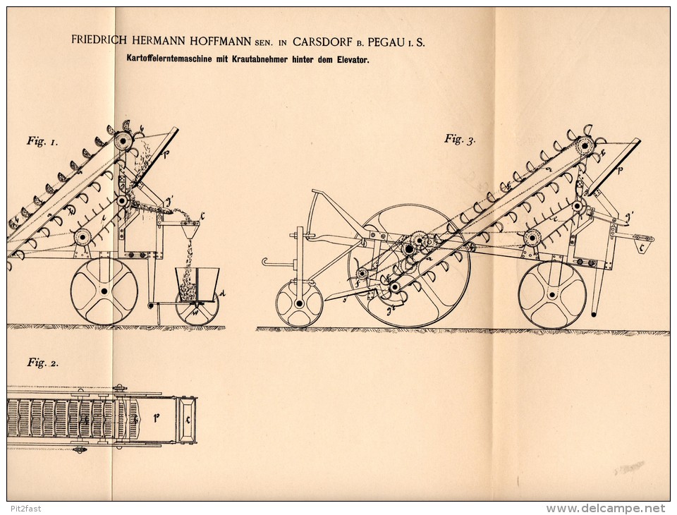 Original Patentschrift - F. Hoffmann In Carsdorf B. Pegau I.S.,1894, Kartoffel - Erntemaschine , Agrar , Karsdorf !!! - Maschinen