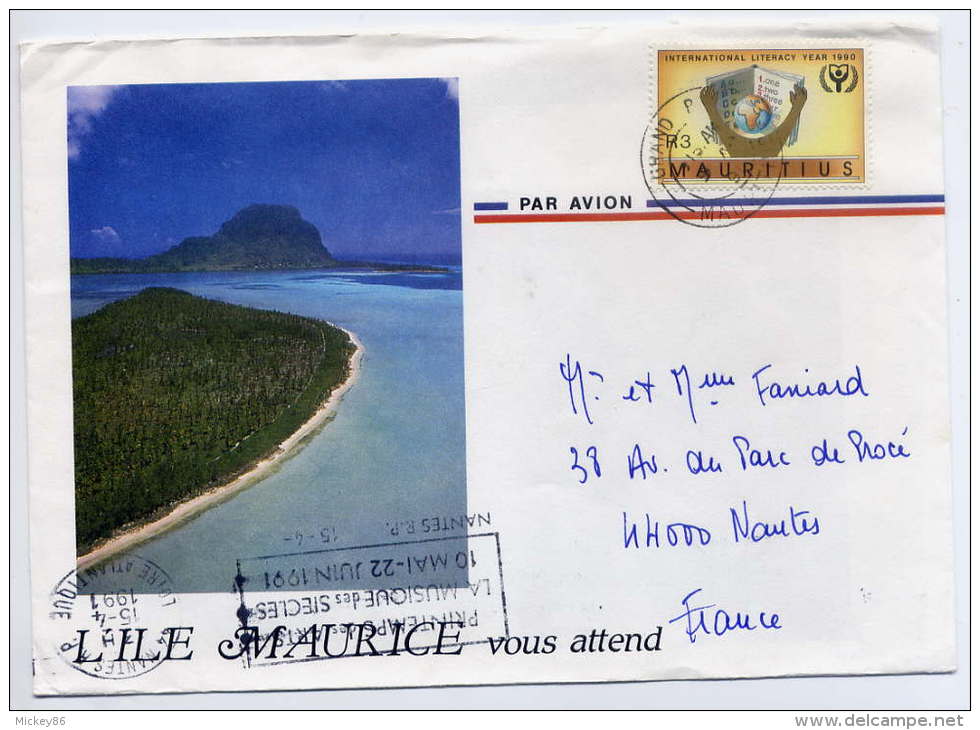 Ile MAURICE-1991-Lettre De L'Ile MAURICE(Int Literacy Year) Pour La France--NANTES-44--enveloppe Illustrée - Maurice (1968-...)