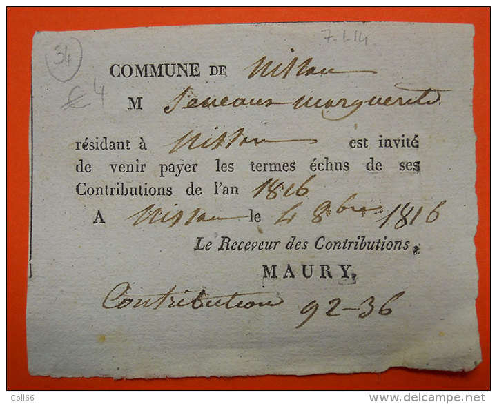 1816- Billet De Maury Receveur Des Contributions Pour Marguerite Serreaux  Nissan(34) Pour Payer Termes échus - Documents Historiques
