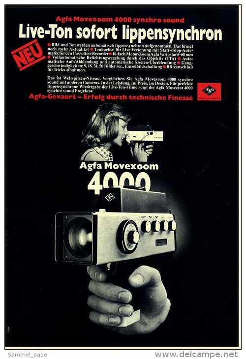 Reklame Werbeanzeige 1973 ,  Agfa Filmkamera Movexoom 4000 Synchro Sound  -  Live-Ton Sofort Lippensynchron - Filmprojectoren