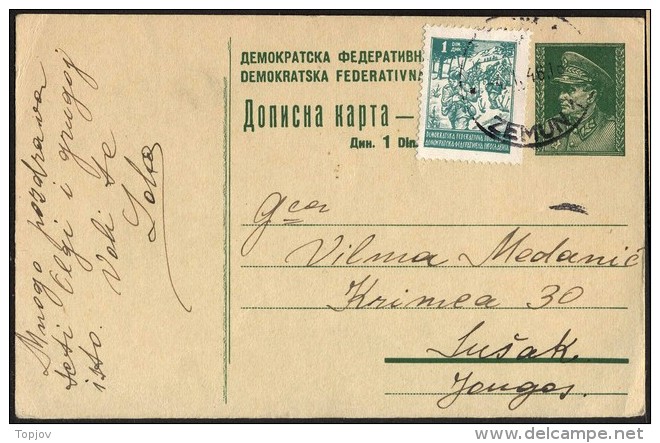 YUGOSLAVIA - JUGOSLAVIA - DFJ  Card  - TITO - ZEMUN To SUŠAK 1946 - Postal Stationery