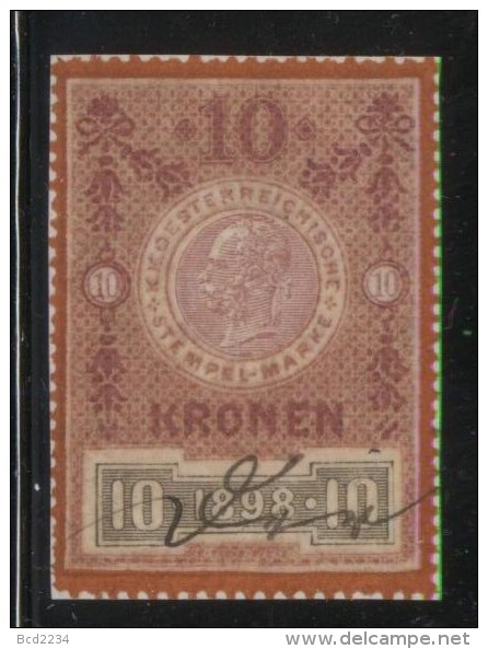 AUSTRIA KAISER FRANZ JOZEF I 1898 10 KRONEN 10K MAGENTA & ORANGE-BROWN GENERAL DUTY REVENUE BAREFOOT 434 STEMPELMARKE - Revenue Stamps