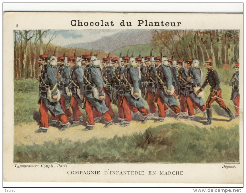 Chromo 7.5x11 Chocolat  DU PLANTEUR. - Thème Militaire. Compagnie D'Infanterie En Marche - Sonstige & Ohne Zuordnung