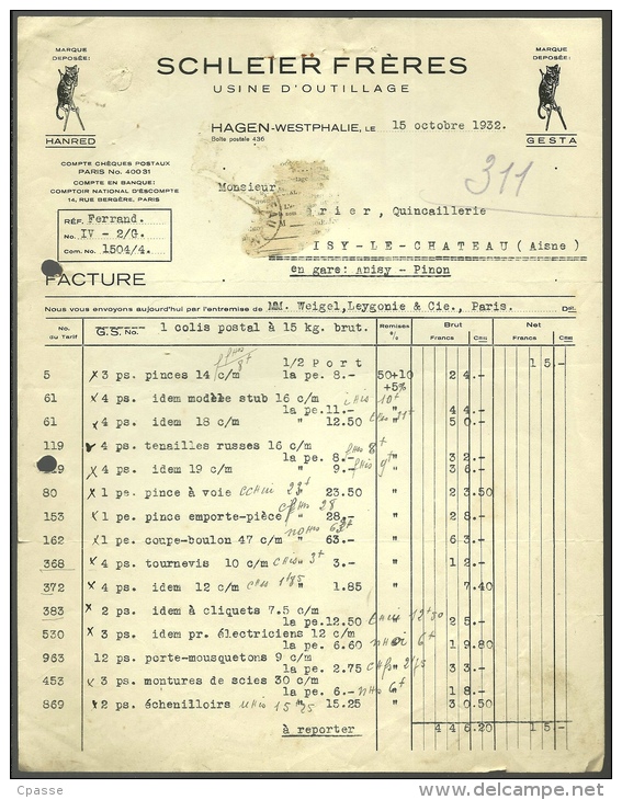 FACTURE HAGEN Westphalie Allemagne - Usine D´ Outillage SCHLEIER FRERES Pour M. CHERIER à ANIZY-le-CHATEAU ° CHAT Cat - 1900 – 1949
