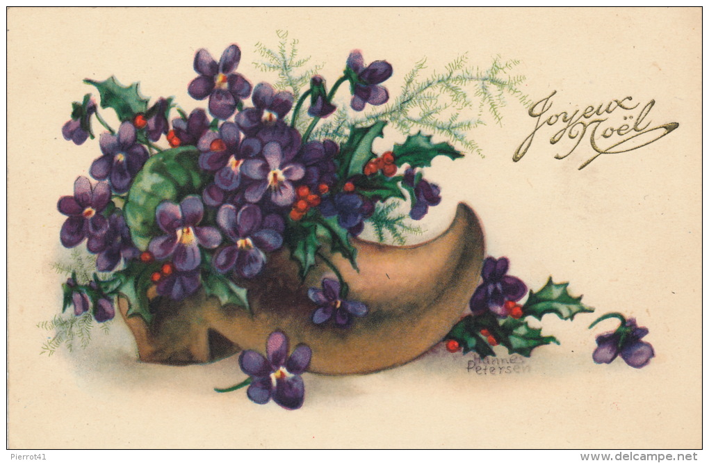 FLEURS - Jolie Carte Fantaisie Sabot Et Violettes De "Joyeux Noël" Signée HANNES PETERSEN - Petersen, Hannes