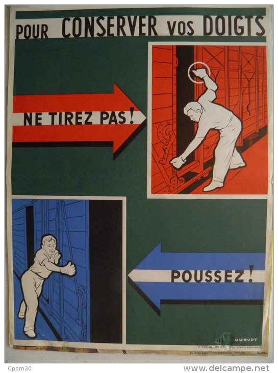 Affiche SNCF De Sécurité - 62 - Pour Conserver Vos Doigts!! Ne Tirez Pas!! Poussez!! (portes De Wagon) - Eisenbahnverkehr