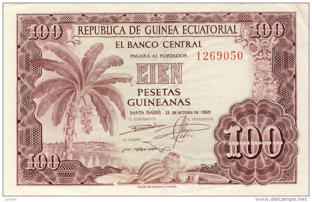 BILLET # GUINEE EQUATORIALE # 100 PESETAS GUINEANAS  # 1969 # PICK 1  #  CIRCULE # - Guinée Equatoriale