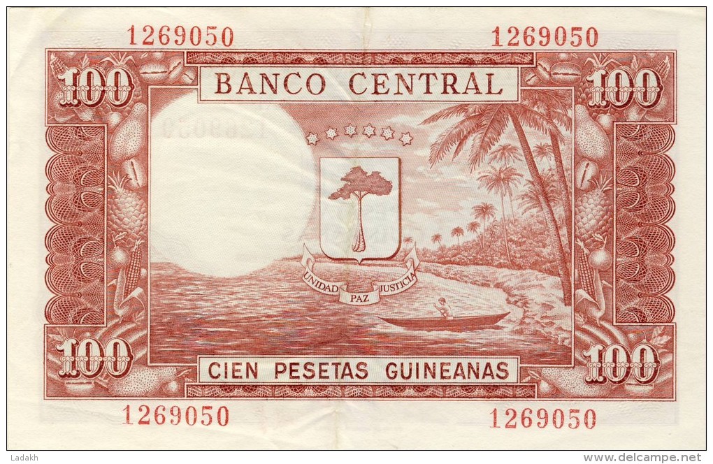 BILLET # GUINEE EQUATORIALE # 100 PESETAS GUINEANAS  # 1969 # PICK 1  #  CIRCULE # - Guinée Equatoriale