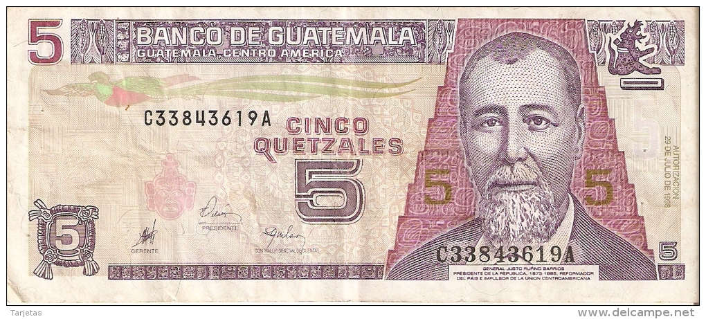 BILLETE DE GUATEMALA DE 5 QUETZALES DEL 29 JULIO 1998  (BANKNOTE) - Guatemala