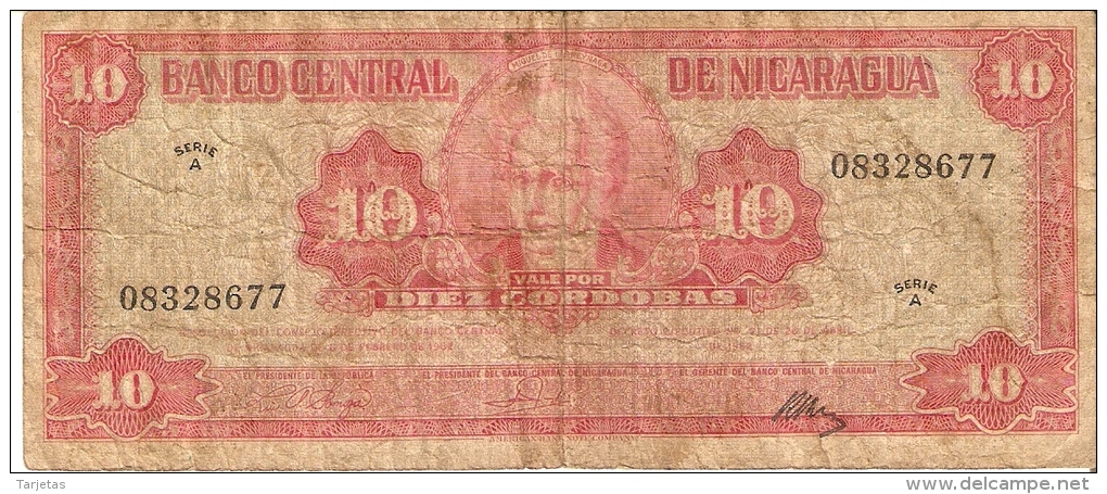 BILLETE DE NICARAGUA DE 10 CORDOBAS DEL AÑO 1962 (BANKNOTE)  RARO - Nicaragua