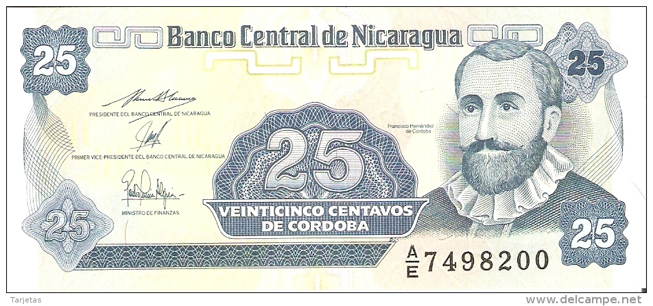 BILLETE DE NICARAGUA DE 25 CENTAVO DE CORDOBA   SIN CIRCULAR-UNCIRCULATED   (BANKNOTE) - Nicaragua