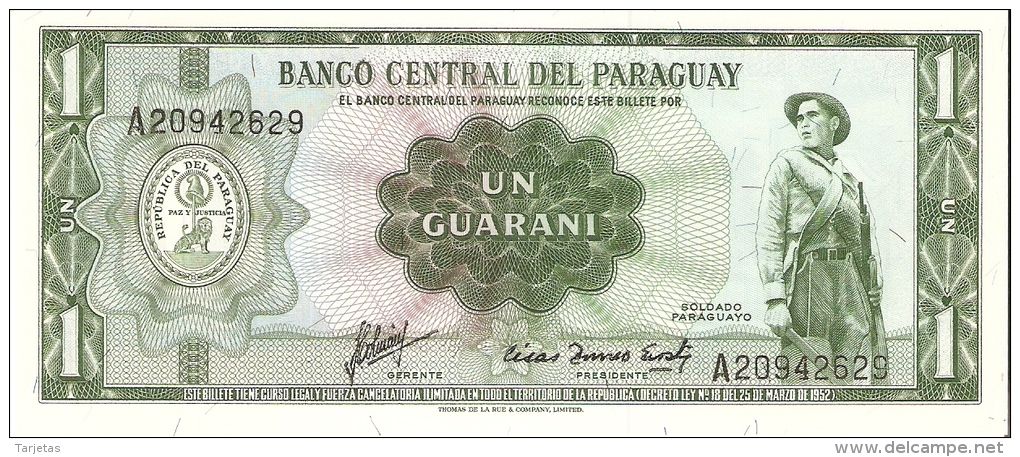 BILLETE DE PARAGUAY DE 1 GUARANI DEL AÑO 1952  (BANKNOTE) SIN CIRCULAR-UNCIRCULATED - Paraguay