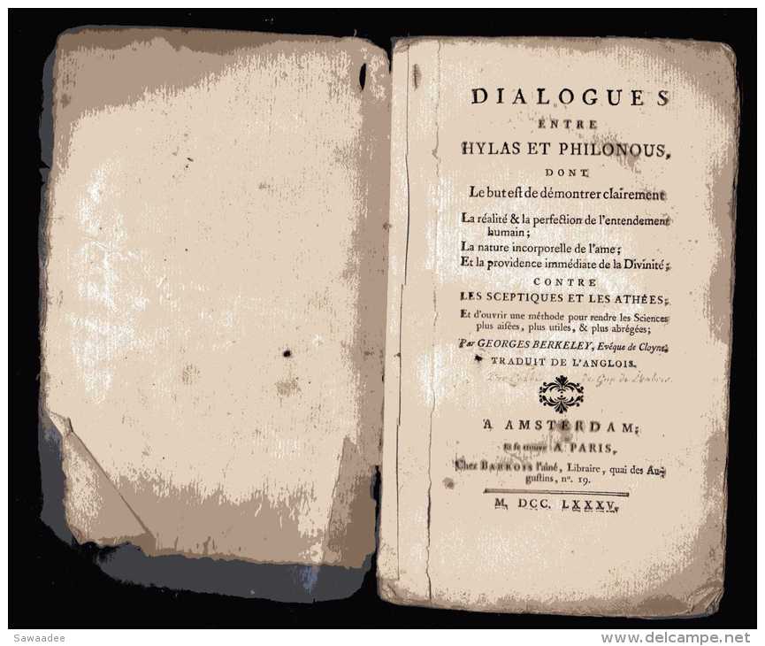 LIVRE - DIALOGUES ENTRE HYLAS ET PHILONOUS -GEORGES BERKELEY - AMSTERDAM - CHEZ BARROIS L'AÎNE - 1785 - THEOLOGIE - 1701-1800