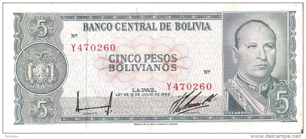 BILLETE DE BOLIVIA DE 5 PESOS BOLIVIANOS DEL AÑO 1962 (BANKNOTE) - Bolivië