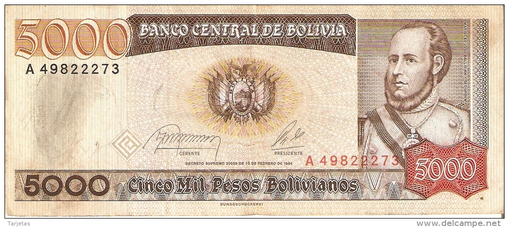 BILLETE DE BOLIVIA DE 5000 PESOS BOLIVIANOS DEL AÑO 1984 (BANKNOTE) - Bolivia