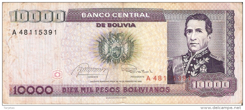 BILLETE DE BOLIVIA DE 10000 PESOS BOLIVIANOS DEL AÑO 1984 (BANKNOTE) - Bolivië