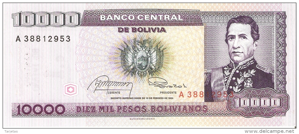 BILLETE DE BOLIVIA DE 10000 PESOS BOLIVIANOS AÑO 1984 RESELLO 1 CENTAVO DE BOLIVIANO (BANKNOTE) SIN CIRCULAR-UNCIRCULATE - Bolivië