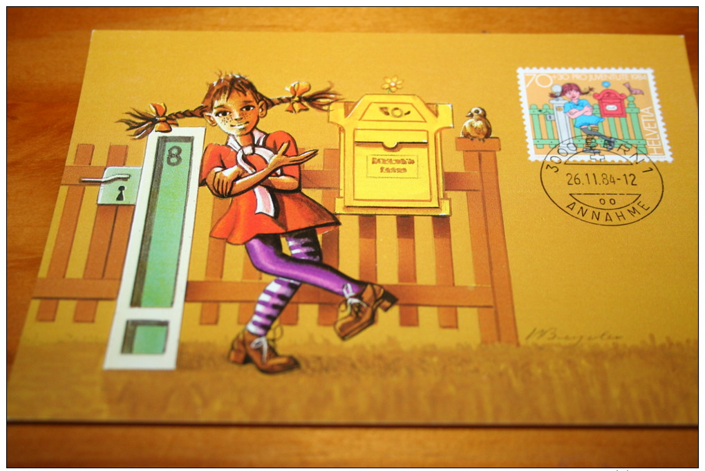 Carta Maximum CM Ier Jour FDC Suisse Helvétia Pro-Juventute 1985 Fifi Brindacier  Pippi Langstrumpf Conte Pour Enfants - Cartes-Maximum (CM)