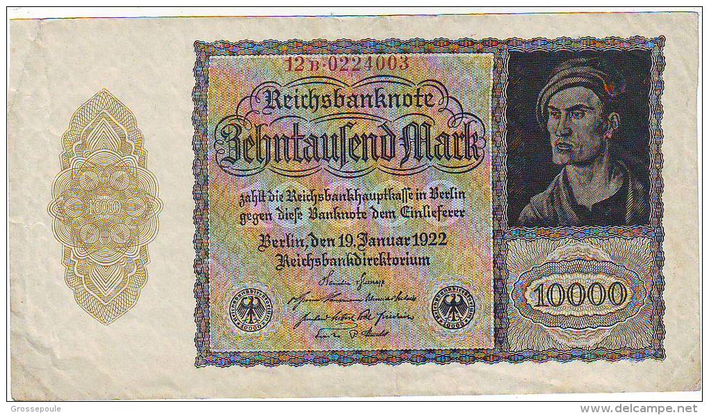 10 000 MARKS - Reischsbanknote - Du 19/01/1922 -  RARE - 10.000 Mark