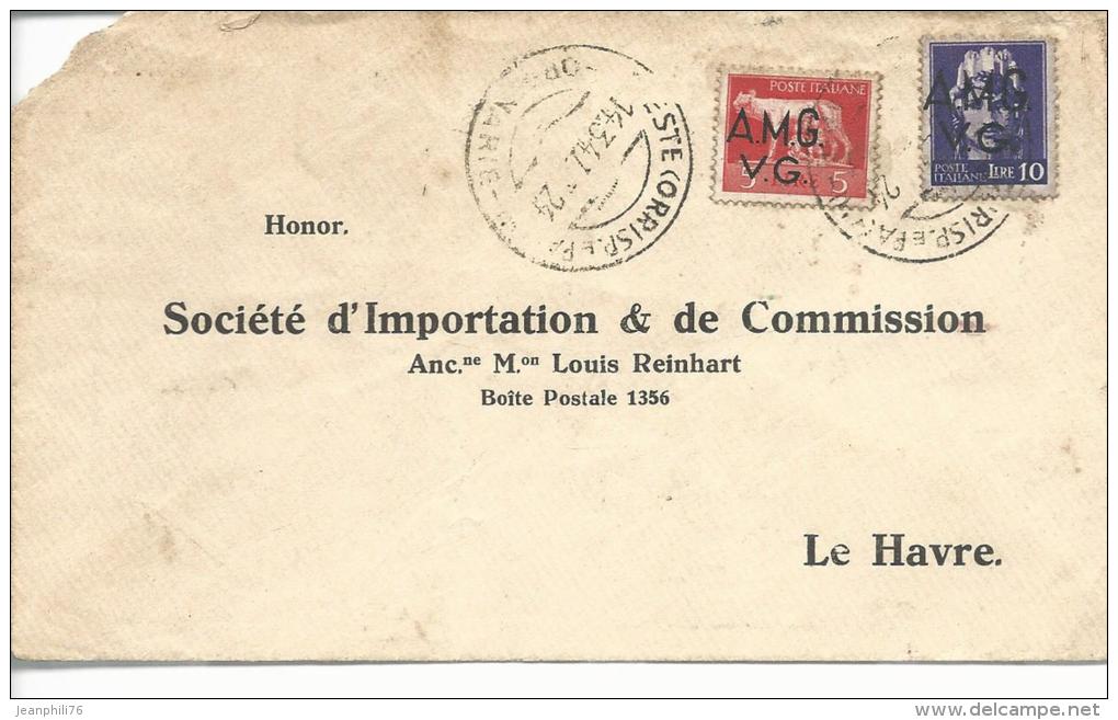 Trieste Pour Le Havre "soc D´import.& De Commission Louis Reinhardt" Timbres 14,16 Occup.interalliée 1952 - Marcophilia