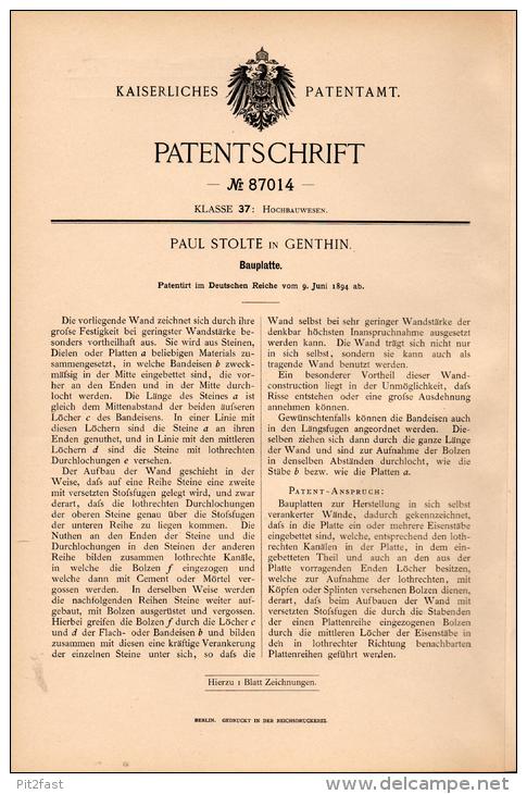 Original Patentschrift - Paul Stolte In Genthin , 1894 , Bauplatte , Hochbau , Bau , Architektur , Maurer !!! - Genthin