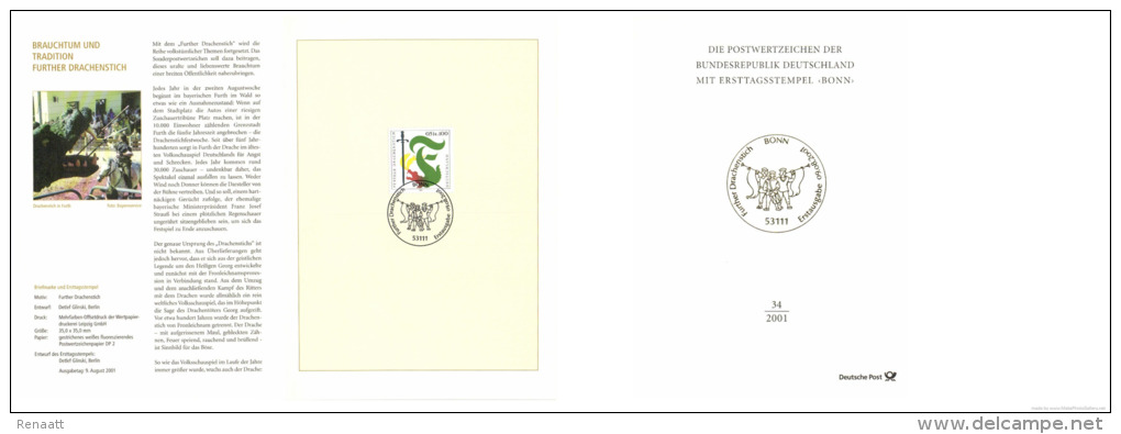 Germany 2001 Mi. 2207 FDC Folder Deutsche Post, Furth Drachenstich Theatre, Schwert, Dragon, Sword, St. George Theme - Théâtre