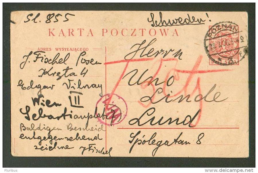 1920  POLAND  POZNAN  TO LUND  SWEDEN , CENSORED  , POSTAL STATIONERY POSTCARD ,0 - Entiers Postaux