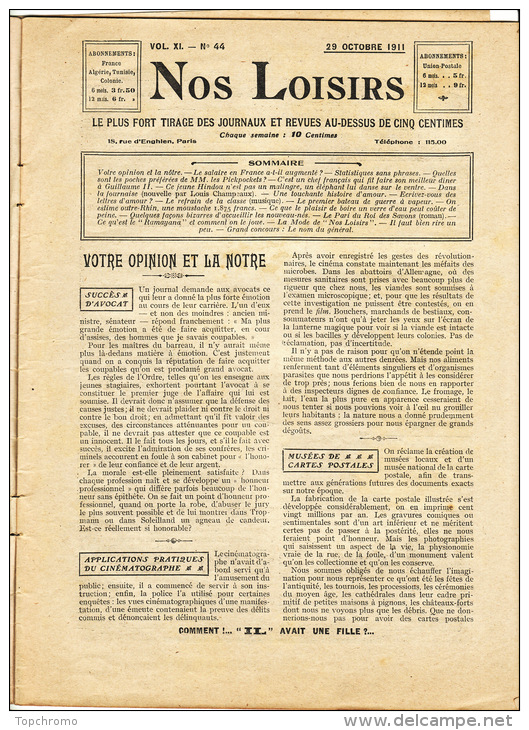 Journal Nos Loisirs 1911 N°44 Femme Au Bouquet Magon Dans La Fournaise Le Pari Du Roi Des Savons - Sonstige & Ohne Zuordnung