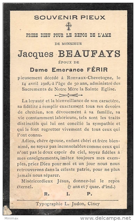 Jacques Beaufays - Ronvaux-Chevetogne 1908, à L'âge De 50 Ans - Ep. Emerance Férir - Obituary Notices