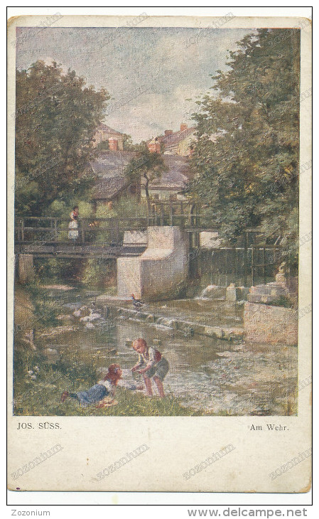 Am Weher, Josef Suss, Children In The River, Old Postcard - Suess, Josef