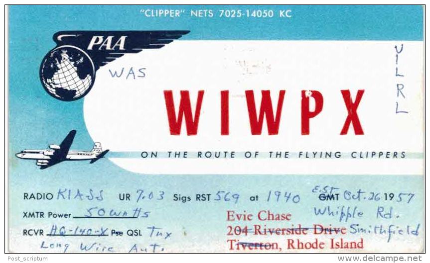 Thème - QSL - Radio - PAA - Clipper Nets 7025 14050 KC - WiWPX - Evie Chase Tiverton Rhode ISland - Radio