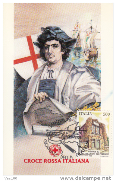 RED CROSS, CHRISTOPHER COLUMBUS, SHIPS, CM, MAXICARD, CARTES MAXIMUM, 1992, ITALY - Cristóbal Colón