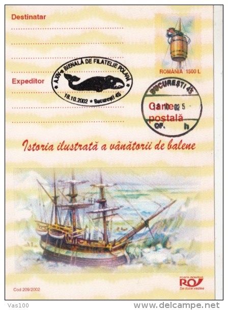 WHALES HUNTER'S HISTORY, WHALES, SHIP, PC STATIONERY, ENTIER POSTAL, 2002, ROMANIA - Whales