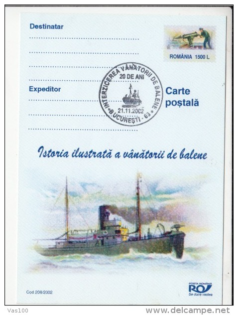 WHALES HUNTER'S HISTORY, WHALES, SHIP, PC STATIONERY, ENTIER POSTAL, 2002, ROMANIA - Baleines