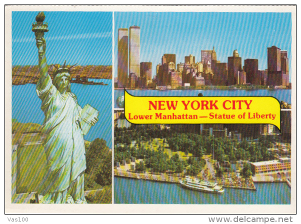 CPA NEW YORK CITY- STATUE OF LIBERTY, SHIP, SKYLINE, WORLD TRADE CENTRE TOWERS - Vrijheidsbeeld