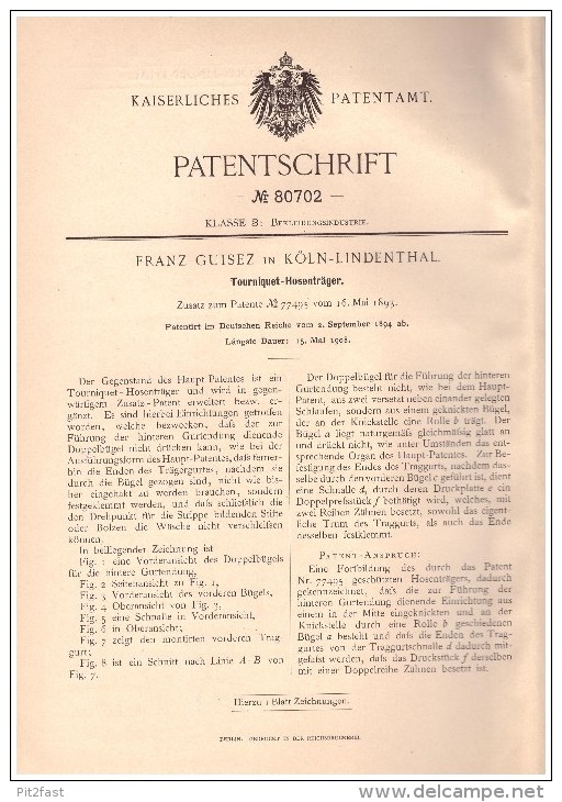 Original Patentschrift -  Franz Guisez In Köln - Lindethal , 1894 , Tourniquet - Hosenträger !!! - Avant 1900