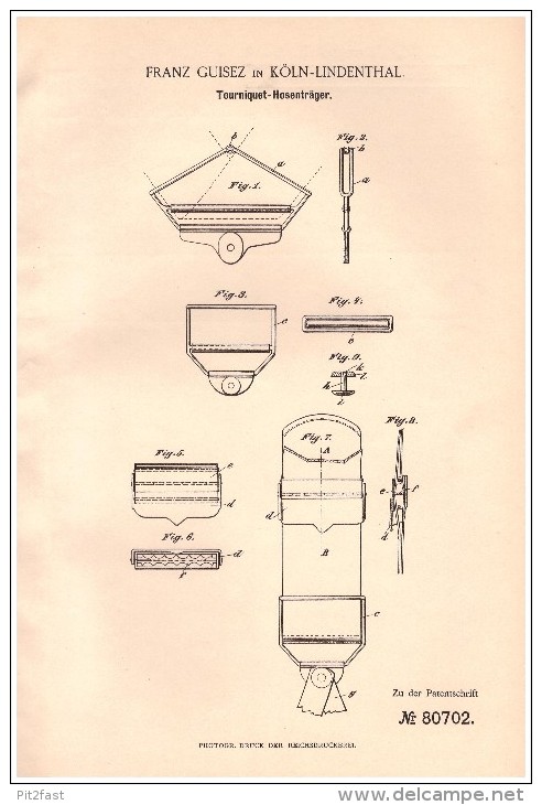 Original Patentschrift -  Franz Guisez In Köln - Lindethal , 1894 , Tourniquet - Hosenträger !!! - Before 1900