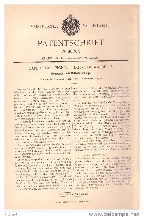 Original Patentschrift - Carl Hugo Teicher In Dippoldiswalde I.S. , 1894 , Heuwender , Landwirtschaft , Agrar !!! - Maschinen