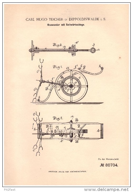 Original Patentschrift - Carl Hugo Teicher In Dippoldiswalde I.S. , 1894 , Heuwender , Landwirtschaft , Agrar !!! - Maschinen